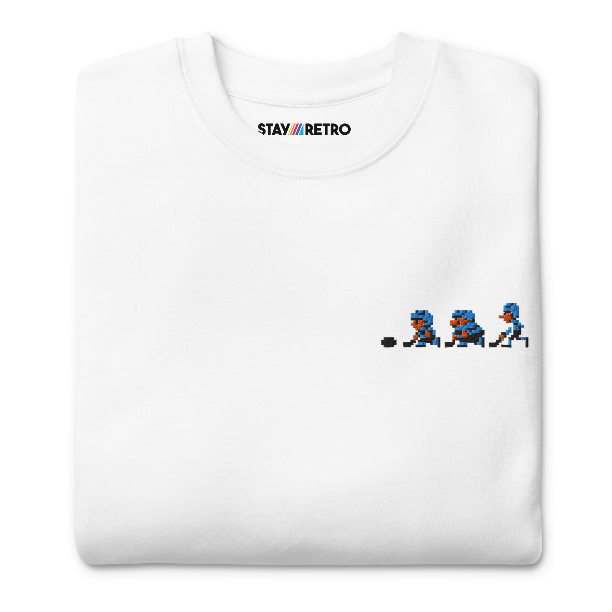 White t-shirt with pixelated character and 'Stay Retro' text on a white background