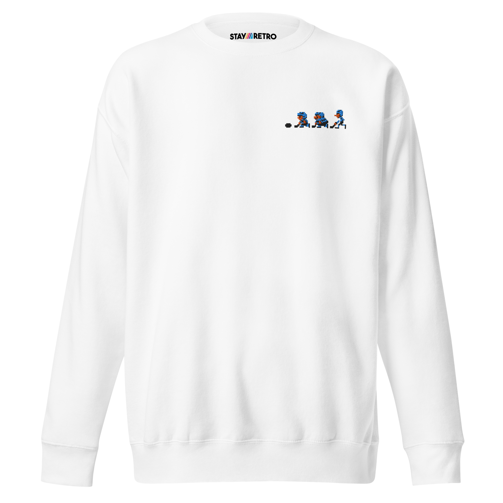 White sweatshirt with small graphic design on the chest against a white background